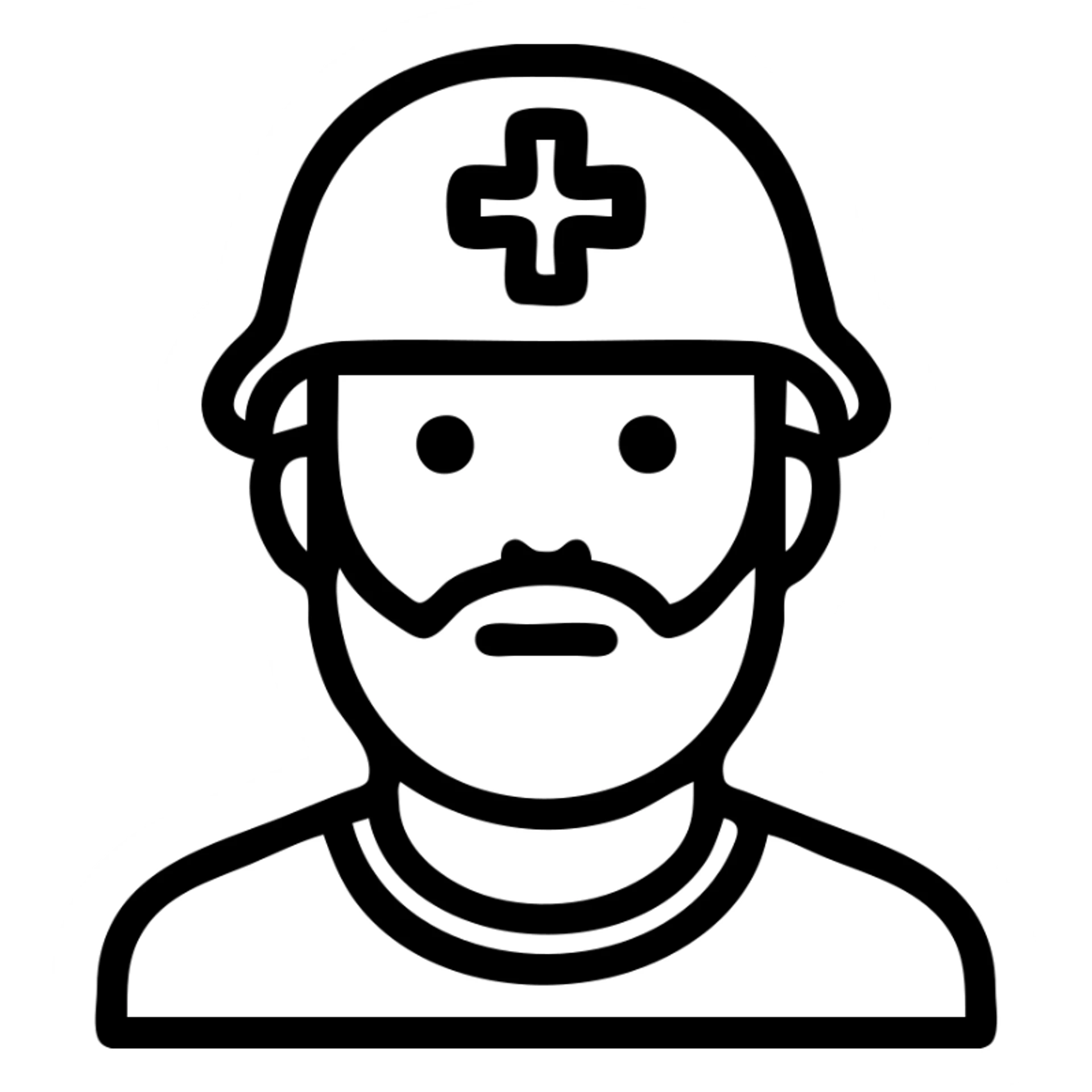 bearded man, red medic helmet, minimal style, white cross, bold lines, flat colors sticker