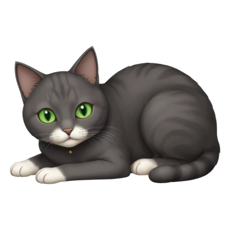 beautiful female solid dark grey cat with green eyes, white toes/paws and white patch on her chest lying down sticker