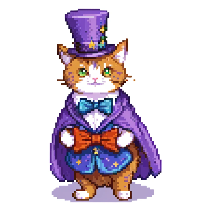 A magician cat in a top hat, a bowtie and a purple cape with stars sticker
