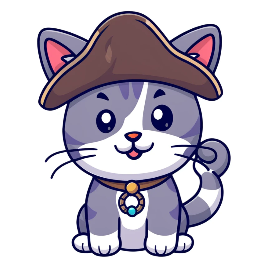 pirate cat with tricorn hat, beads in fur, mischievous expression sticker