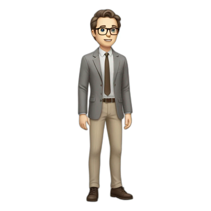 Full height Actively Gesturing Pale skinned fit man with dark brown hair in gray jacket, beige office shirt, brown tie, brown pants and vintage glasses. sticker