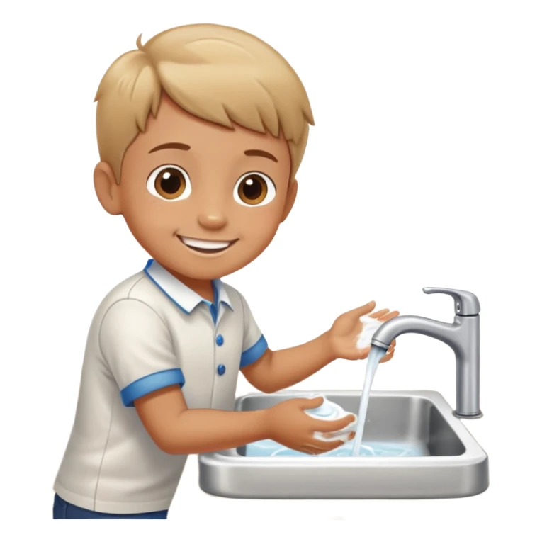child washing hands at a sink, smiling, food on table in background sticker