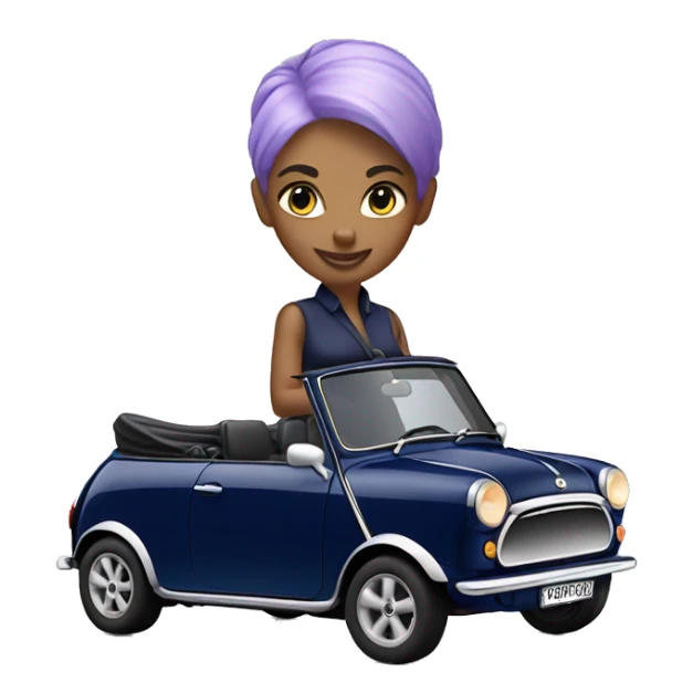navy blue convertible Mini Cooper, with short, lilac colored haired woman driving sticker
