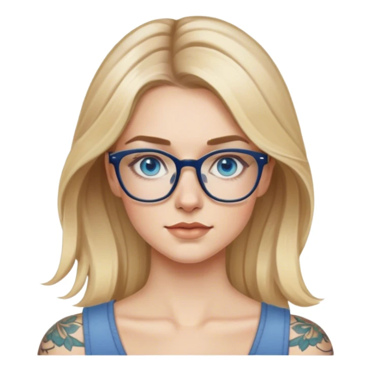 Hyper Realistic glamourous model, pale woman, long blonde balayage hair, blue eyes and glasses, shoulder tattoo  sticker