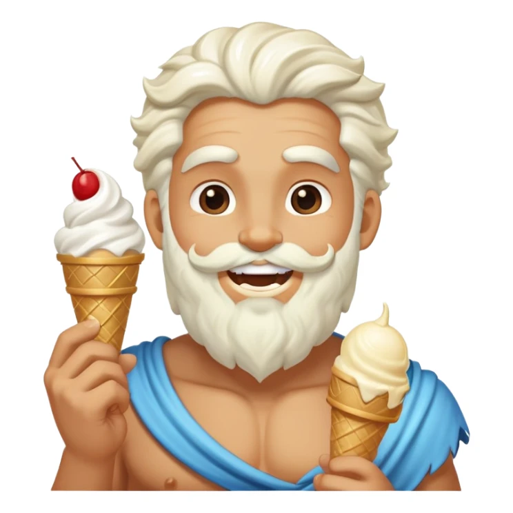 smiling Zeus eating white ice cream holding thunderbolt sticker