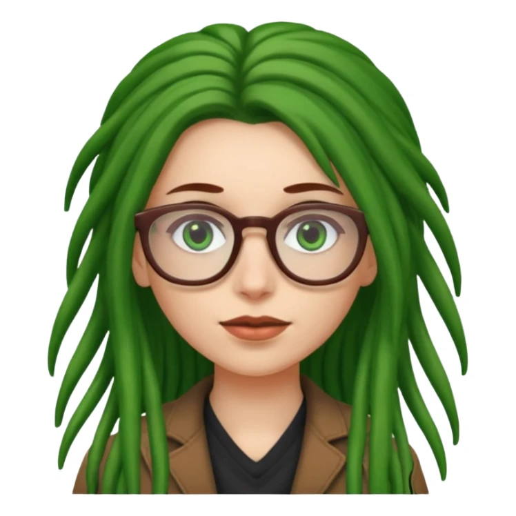 A white Girl with glasses,Brown long hair, grenn dredd sticker