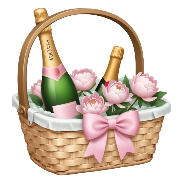 White Picnic basket with light pink bow and white peonies and one pink champage bottle inside sticker