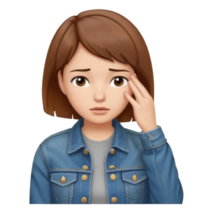 a woman with a brown short hair, looking at the left, facepalming, wearing a denim jacket, only upper body, high quality sticker