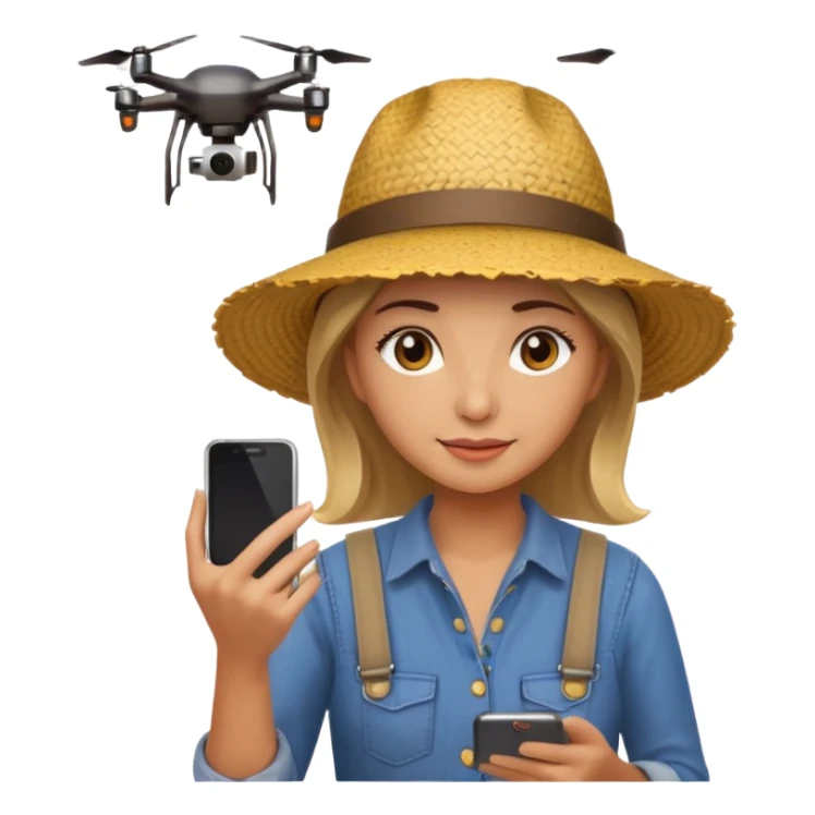 female farmer with a hat looking at smartphone with a drone in background, emoji style sticker