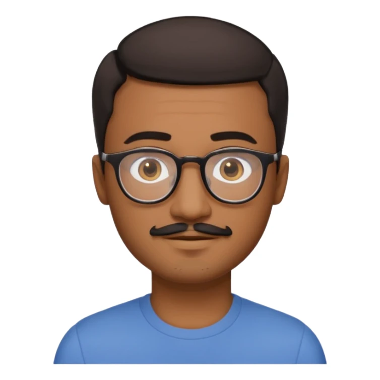 A friendly person with medium-brown skin, large warm brown eyes, thin rectangular glasses, a short mustache and small goatee, black short hair. Rounded face, calm slight smile. Head-and-shoulders emoji style, bold outlines, simple shapes, bright colors, transparent background. sticker