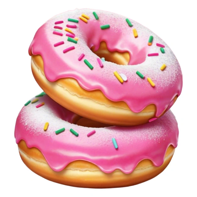 Cinematic fluffy donuts, perfectly golden and dusted with powdered sugar, vibrant icing with sprinkles, stacked in a playful arrangement, soft glowing highlights, warm and inviting. sticker