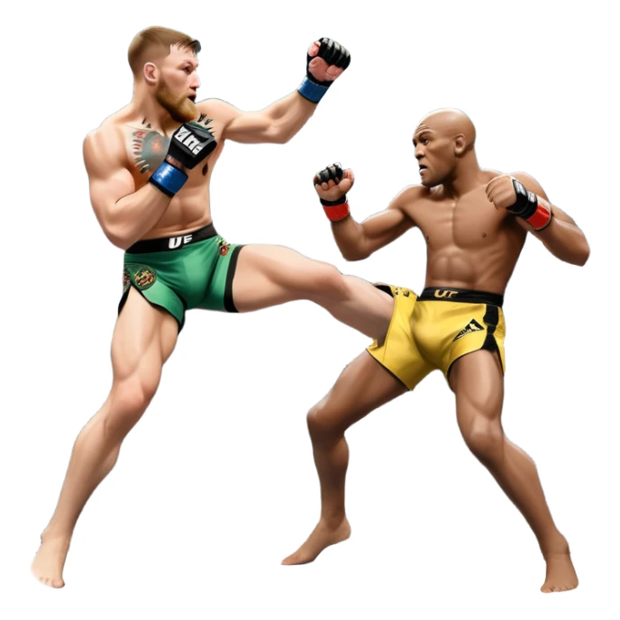 An MMA showdown between Conor McGregor and Anderson Silva in the octagon. McGregor is executing a powerful jumping strike, while Silva is expertly blocking the attack with his forearm. The background features the UFC octagon, fans in the distance, and dynamic action. Transparent background sticker