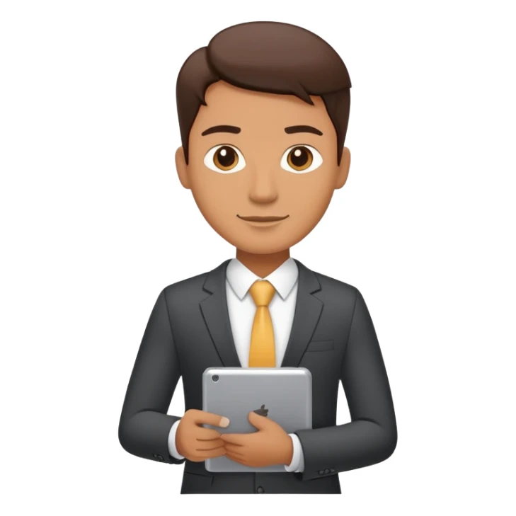 A flat-style illustration of a business executive confidently, holding a digital tablet or folder. The character wears smart business attire sticker