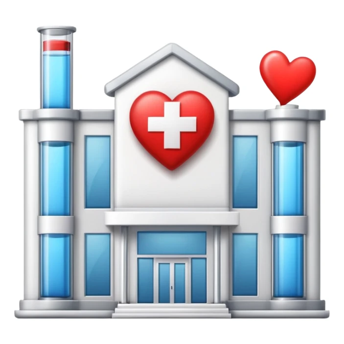 Modern clinic building red cross test tubes heart icon sticker