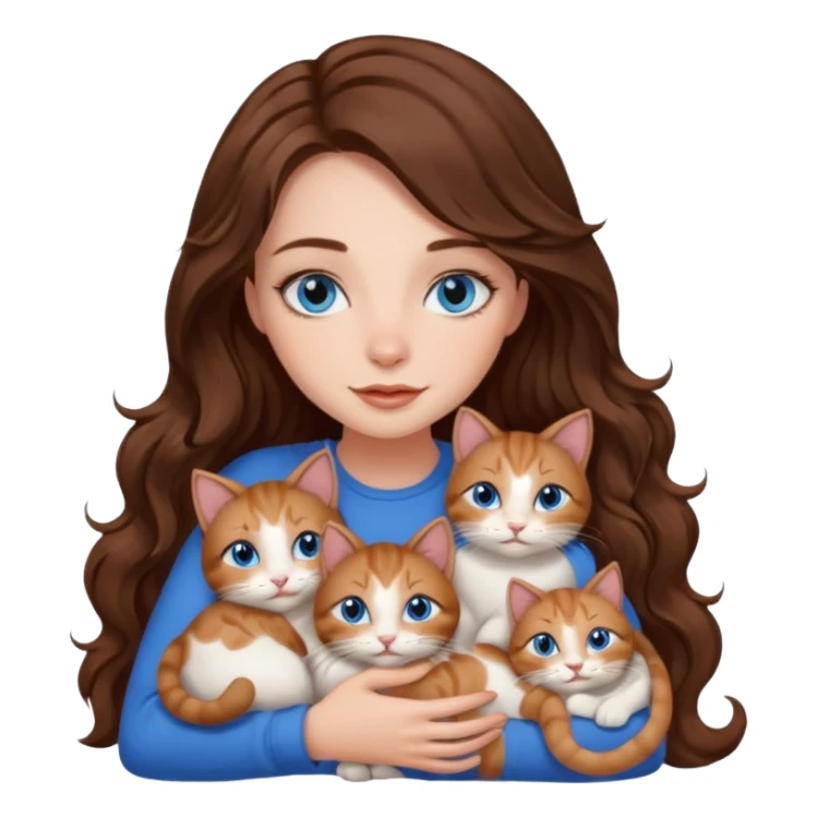 girl with long wavy brown hair, blue eyes, long lashes makeup, cuddling with 6 cats sticker