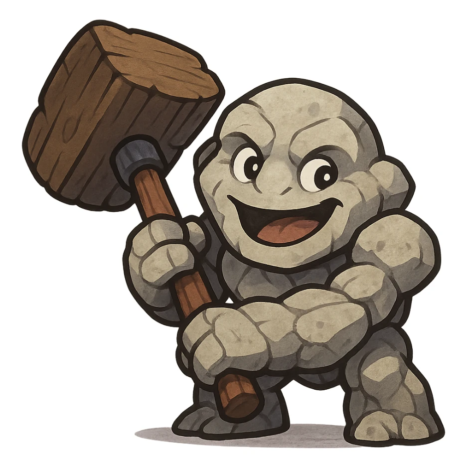 Tiny from Dota 2 in a cute chibi-style cartoon redesign, holding an oversized hammer, playful expression sticker