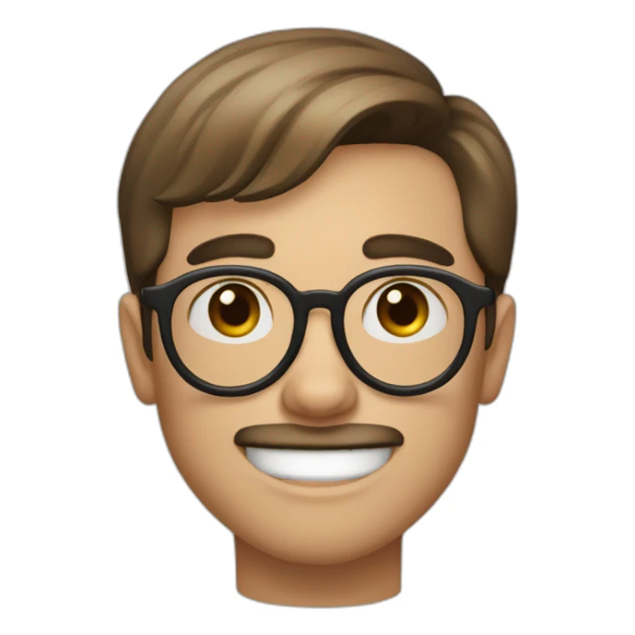 boy with big eyebrows, round glasses, bangs,big teeth, pale skin, brown hair, mustache sticker