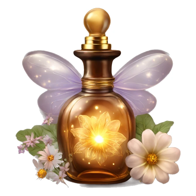 Brown magic fairy light sparkling old Antique oil perfume bottle with herbal and flowers sticker