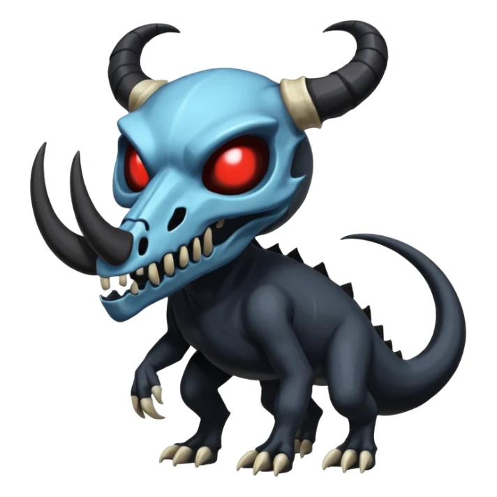 Shiny Dark Edgy  Duskull-Salandit-Inteleon-Amaura-Fakémon-hybrid-creature (full body) with a horned animal-skull-mask sticker