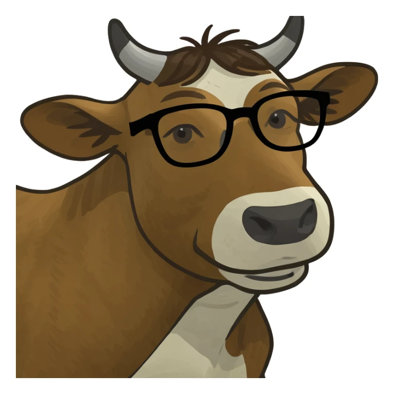 Cow with brown shoulder length fair and glasses - face only sticker