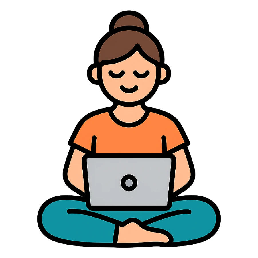 yoga teacher sitting cross-legged with a laptop, colored icon with black outlines sticker
