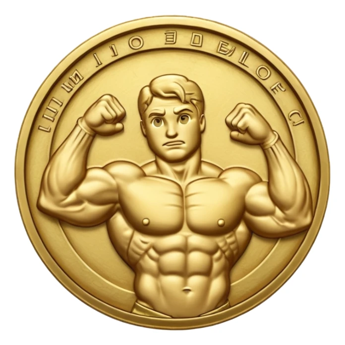 A gold coin engraved by a bent arm showing a big biceps. No human, only the arm sticker