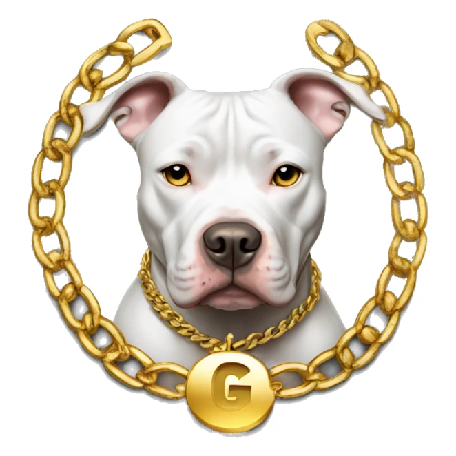 A dog pitbull and wearing big gold chain on that says G sticker