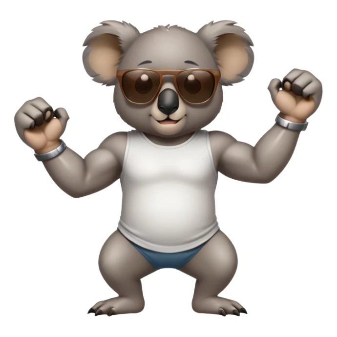 anthropomorphised koala, full body, casual clothing, dark sunglasses, flexing muscles sticker
