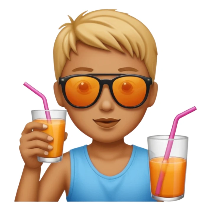 Sun is wearing sunglasses and drinking juice with stra sticker