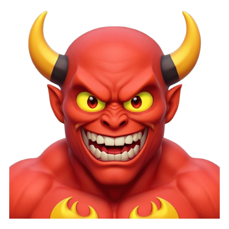 Muscular red devil emoji, black horns, glowing yellow eyes, sharp teeth, evil smile, defined abs, glossy red skin, dramatic lighting, 3D Pixar style, high detail sticker