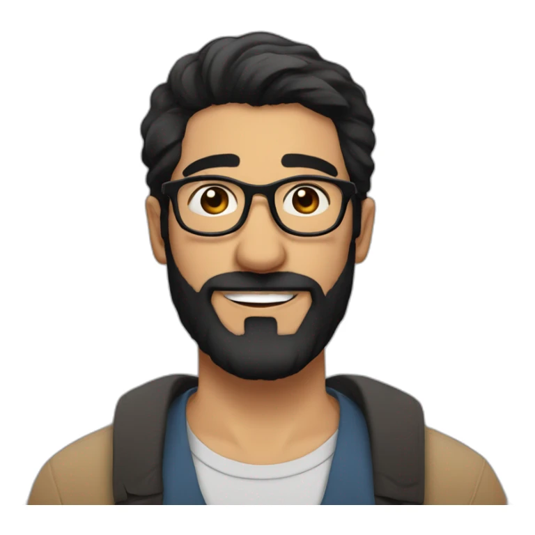 Arabic man, short black hair, round hipster glasses, dark beard and mustash, round-ish face, brown eyes, beautiful smile sticker