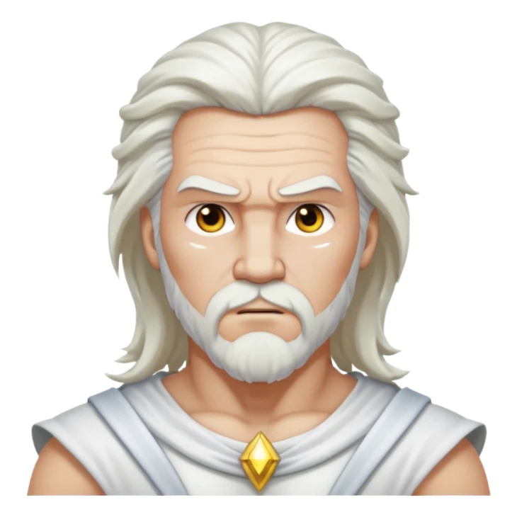 Zeus, whole body, white clothes, long white  hair, lightnings, determined face sticker