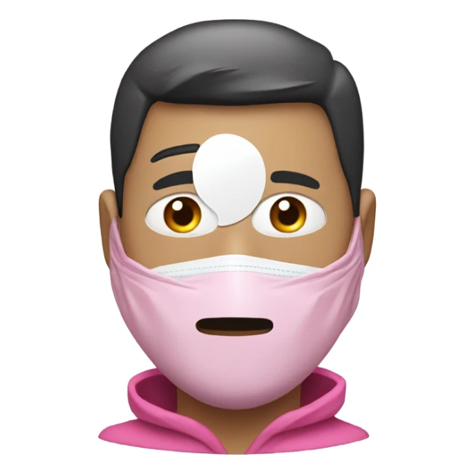 Man in pink jacket hood up, identity hiding plastic mask with white circle in the middle  sticker