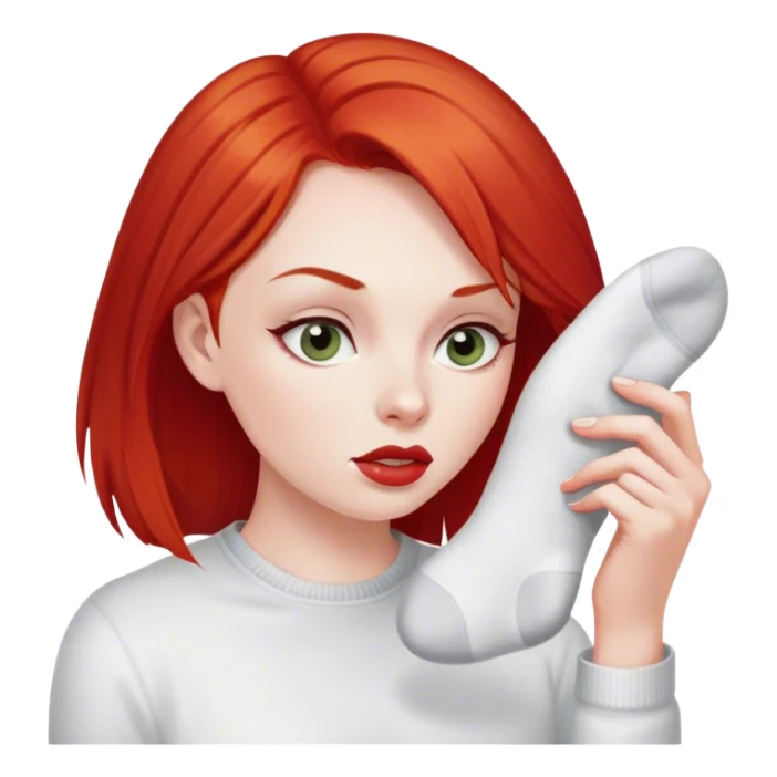 a woman with red hair and red eyes sniffing a white sock sticker