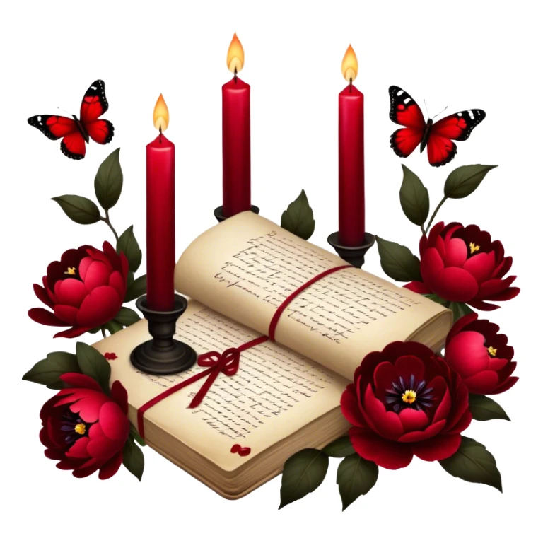 A mystical still life with blood-red candles casting flickering shadows over scattered love letters, their ink smudged with passion. Crimson butterflies rest on blackened crosses, while lush red peonies and pansies bloom in the dim candlelight. sticker