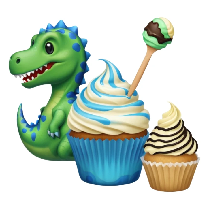 A cupcake having blue and black icing and a dinosaur as a decoration and ice cream next to it sticker