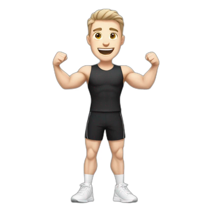 Joyful Celebrating victory Pale skinned Fit Man With the biceps and dark brown hair in black shirt, gray sports shorts and white Sneakers sticker