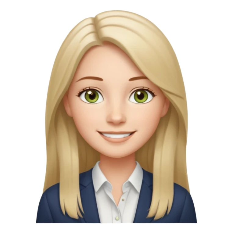 confident CEO named Freya McOmish, smiling, hazel green eyes, straight long hair with a middle part, subtle freckles, modern business style, broad shoulders, wearing a shirt without a collar sticker