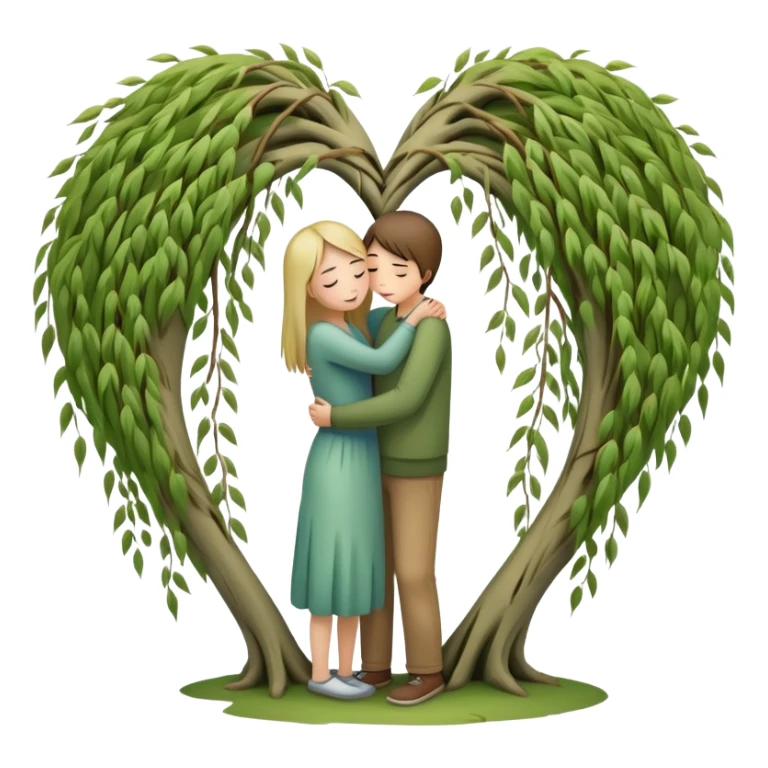 heart-shaped weeping willow tree with two people inside giving each other a comforting, caring, supportive hug, not romantic, with a small heart above them sticker