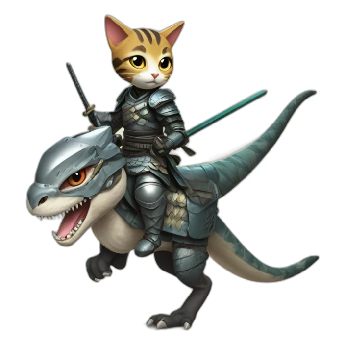 samurai cat riding a velociraptor with a futuristic armor sticker