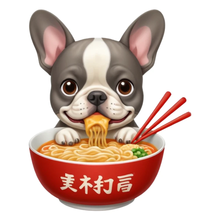 Merle French bulldog eating Ramen noodles sticker