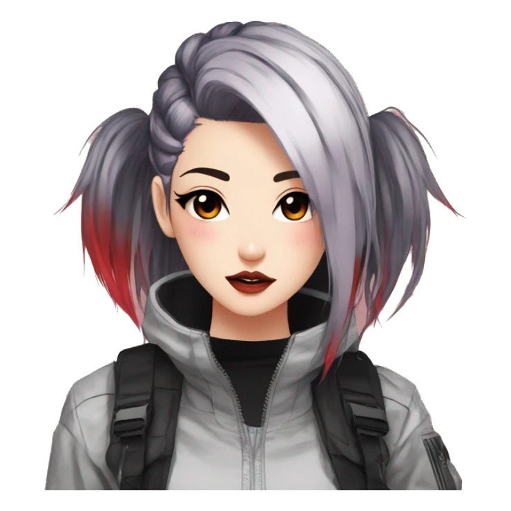 Gorgeous techwear anime style lady with blushing face aesthetic and pretty edgy black red punk hair with hair garment trending style sticker