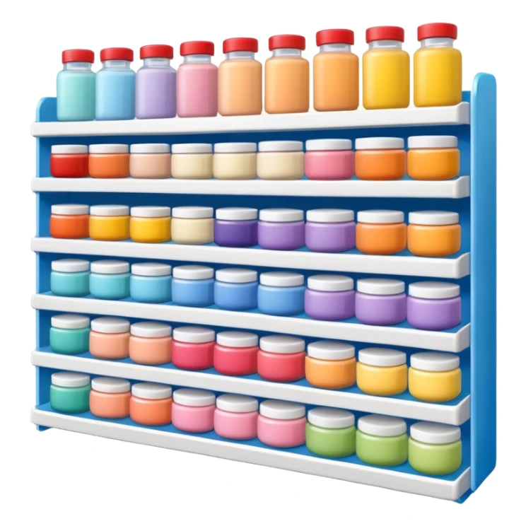Japanese brand creams displayed on a storage shelf, arranged with horizontal variation and vertical consistency. sticker