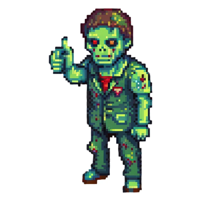 isometric zombie giving thumbs down in Project Zomboid style sticker