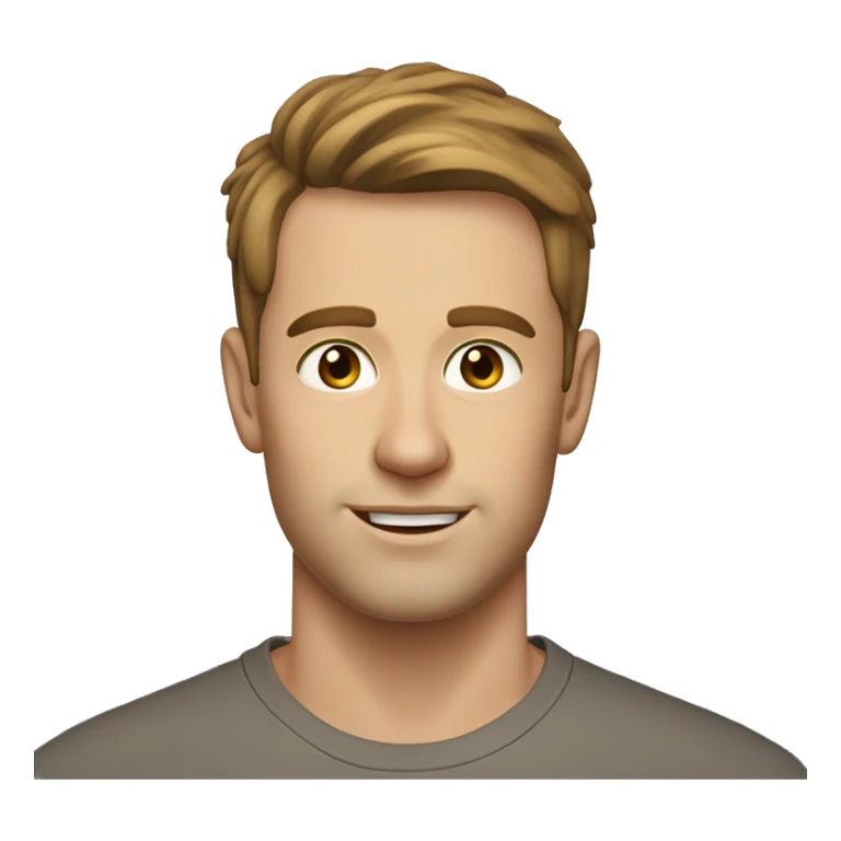 A head and shoulders shot of a 32 year old White man, with short brown hair,   with brown eyes wearing a t-shirt. sticker