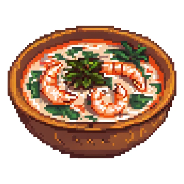 pixel art style tom yum soup, with shrimp and herbs in a bowl, classic 8-bit look sticker