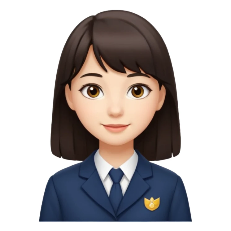 Pretty student with dark brown bangs and long straight hair, elegant school uniform, natural makeup, charming smile sticker