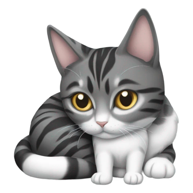 Grey and black tabby with white legs loving a calico cat sticker