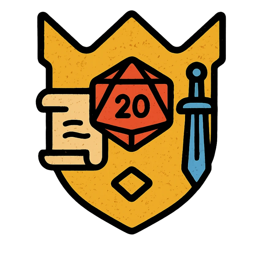 minimalist icon of a stylized shield or crown as an admin symbol with subtle DnD/RPG touches like dice, sword, or scroll, very worn and distressed effect sticker