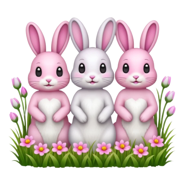realistic 3 Bunny's standing in grass field with flowers happy looking foward sticker